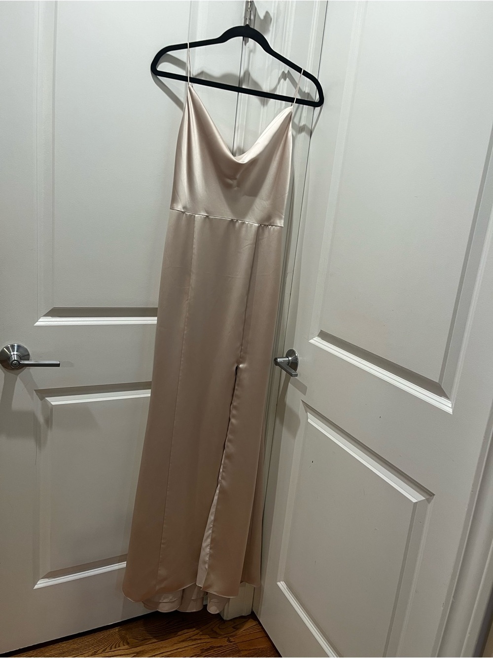Amsale Champagne Satin Cowl Slip Dress with Slit
